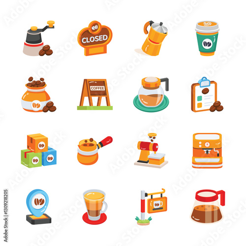 This set of vibrant, flat icons depicts various coffee shop elements.