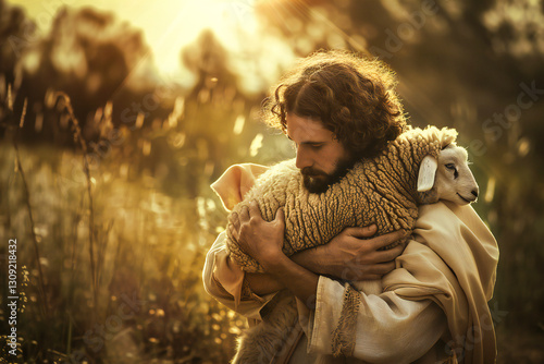 Jesus carries a lost sheep in his arms	