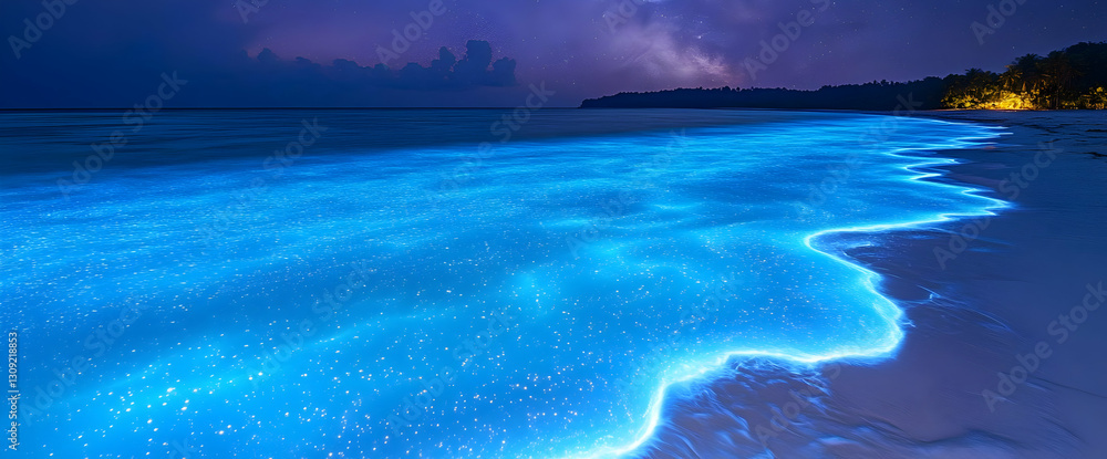 Naklejka premium Glowing Blue Ocean At Night On Beach
