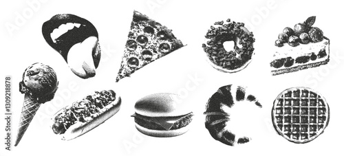 Trendy set of cut out food stickers. Collage  retro photocopy effect. Grunge grain texture. Vector.