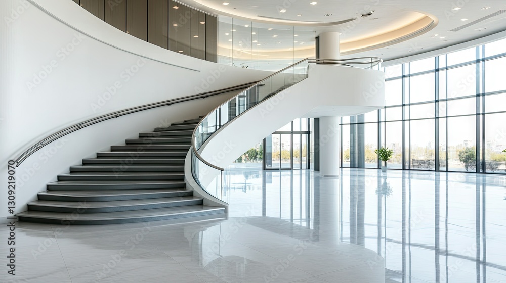 Obraz premium Modern spiral staircase in a sleek architectural space with large glass windows and polished flooring showcasing contemporary design elements