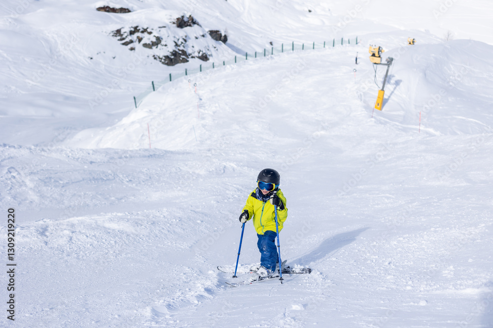 Happy family with children, school kids in winter ski resort, skiing winter time Happy family with children, school kids in winter ski resort, skiing winter time