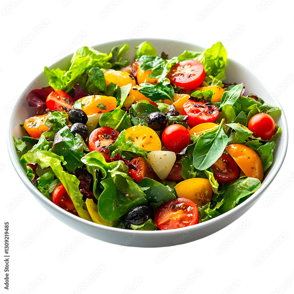 Fresh vibrant salad with tomatoes olives and greens in a bowl Fresh vibrant salad with tomatoes olives and greens in a bowl