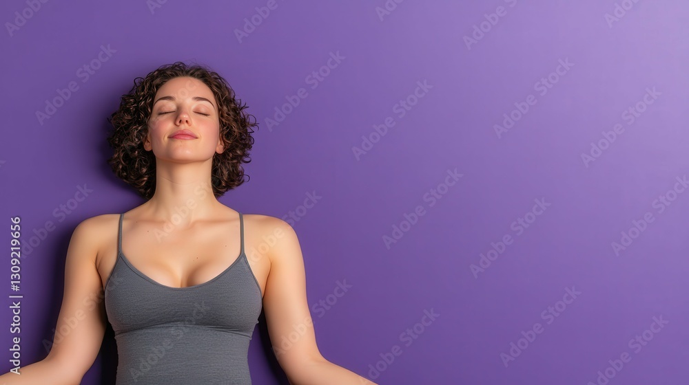 Fototapeta premium Tranquil woman in meditation with closed eyes and s on violet background