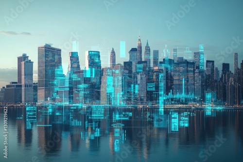 Wallpaper Mural Futuristic Cityscape Digital Overlay Modern Metropolis Smart City Technology Skyline Innovation Big Data Urban Development Evening Twilight Reflection Torontodigital.ca