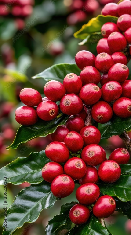 Bright red coffee cherries hanging on lush green coffee tree branches in a tropical setting at harvest time Bright red coffee cherries hanging on lush green coffee tree branches in a tropical setting at harvest time