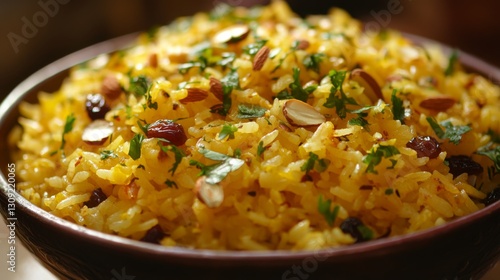 Golden Yellow Rice with Almonds and Raisins in a Wooden Bowl