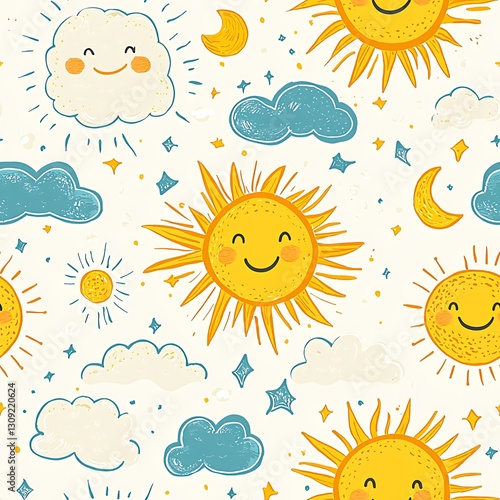 Seamless pattern of smiling sun and clouds with bright cheerful design for kids textiles