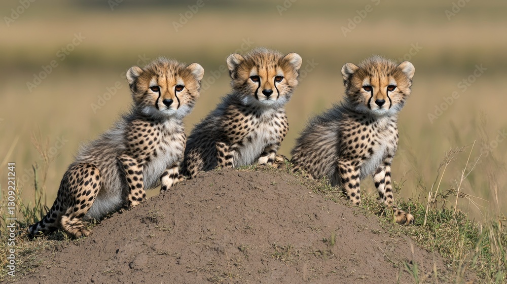 Obraz premium In the golden hour of an African evening, three playful cheetah cubs are seen lounging on a small mound amidst the lush grasslands