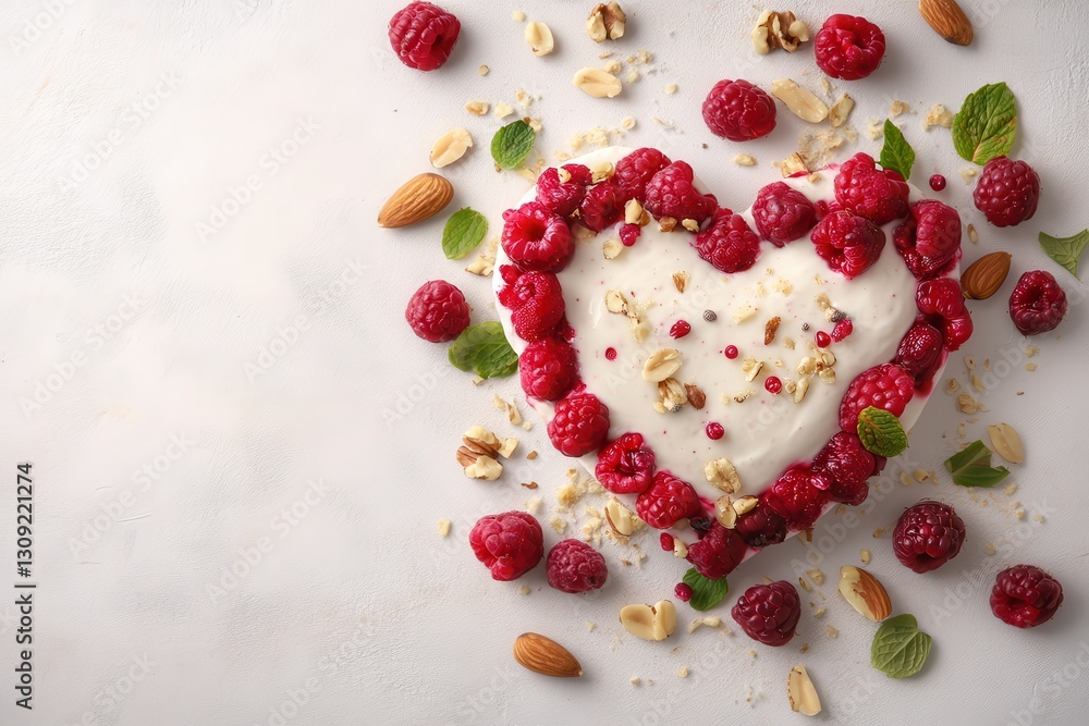 Fototapeta premium Heart-Shaped Dessert with Raspberries and Nuts on Light Background