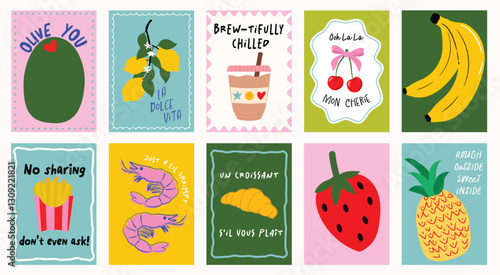 Vibrant hand-drawn dopamine art prints of food and drink illustrations with funny food quotes. Colorful funky posters for home and kitchen decor, postcard, banners, social media etc.