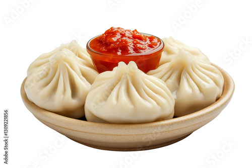 Nepalese momo dumplings with tomato chutney isolated on transparent white background