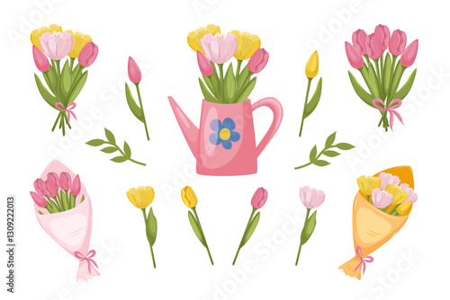 Set of tulips in different versions on a white background. Single flower, tulip bouquets, tulips in the garden watering can. Vector illustration for flower shop, card, flyer, banner.