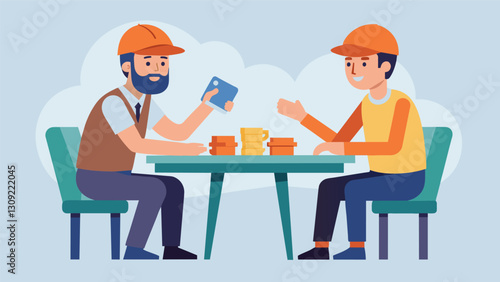 Two workers playing a game of cards on a makeshift table enjoying a friendly competition during their break.. Vector illustration