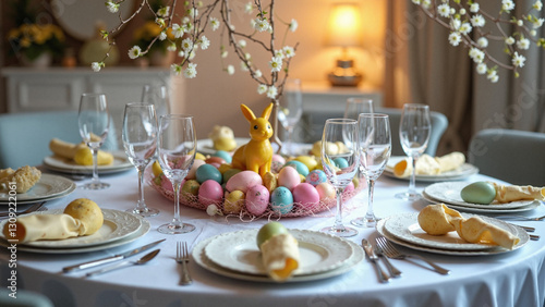 Elegant Easter Dining Table with Yellow Bunny Centerpiece and Colorful Eggs - Perfect for Holiday Marketing and Event Planning