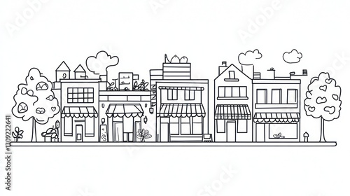 Simple line drawing of a street with shops