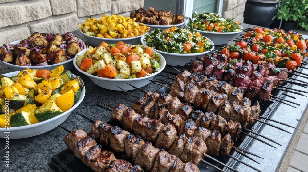 Colorful Grilled Kebabs and Vegetable Dishes on a Stone Table Colorful Grilled Kebabs and Vegetable Dishes on a Stone Table