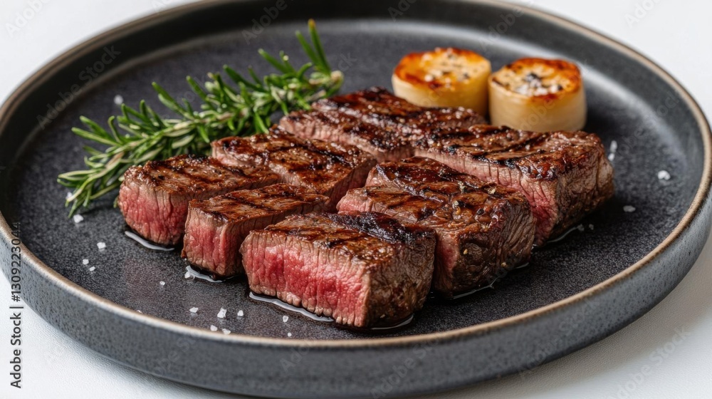 Grilled wagyu beef steak with rosemary and garlic on a plate. Grilled wagyu beef steak with rosemary and garlic on a plate.