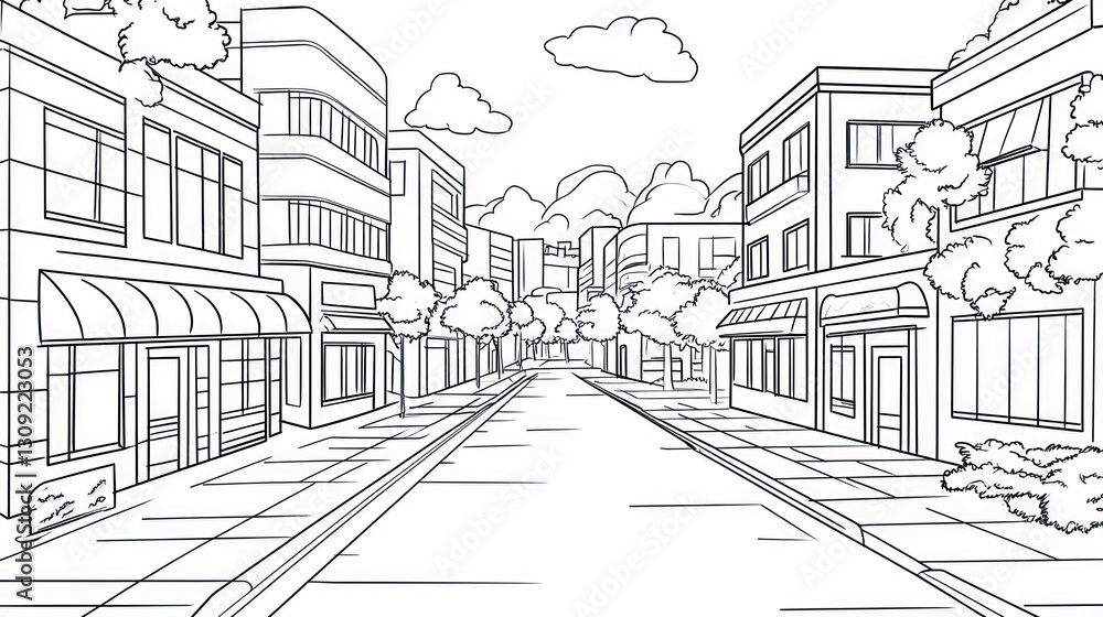 Fototapeta premium Black and white city street scene, urban landscape, sketch drawing. Possible use Stock photo
