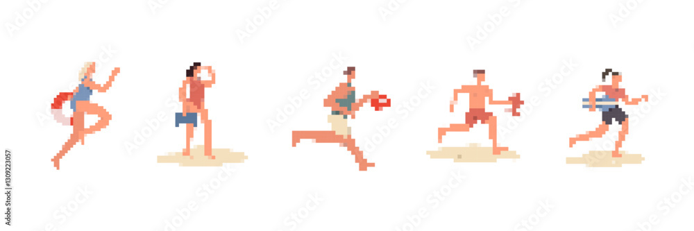 Fototapeta premium Pixel art style shows people running, exercising, and enjoying outdoor activities, enhancing a retro feel.