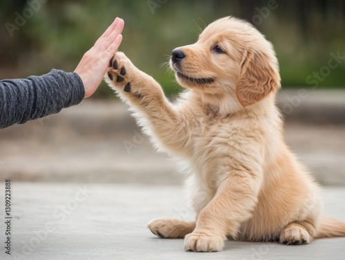 Golden retriever puppy giving paw high-five outdoors