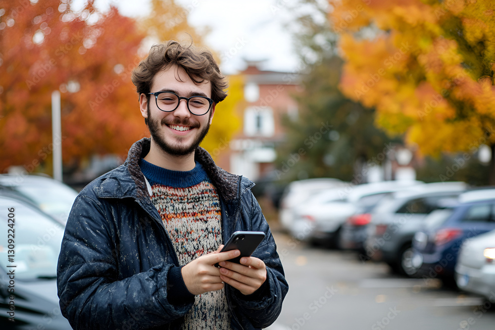 Smiling Caucasian young adult man in parking lot near car with smartphone Smiling Caucasian young adult man in parking lot near car with smartphone