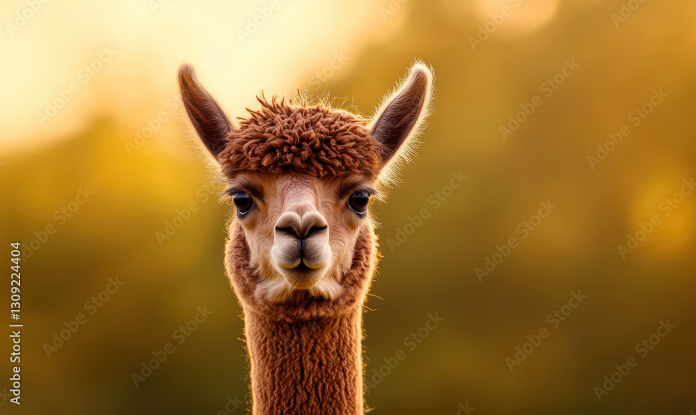 Obraz premium Captivating Portrait of a Cute Alpaca: A Heartwarming Moment Amidst Nature's Golden Glow