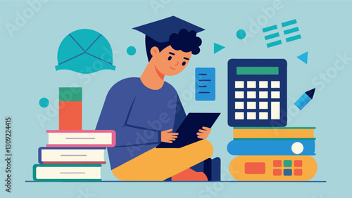 An image of a student using a calculator to budget their upcoming semesters expenses including tuition textbooks and living expenses reflecting the. Vector illustration