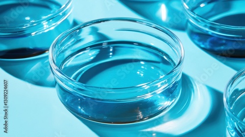 Wallpaper Mural Close-up of skincare gel samples in Petri dishes, highlighted by strong directional light and deep shadows on a vibrant blue surface Torontodigital.ca