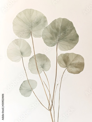 Watercolor painting of delicate green leaves on white background