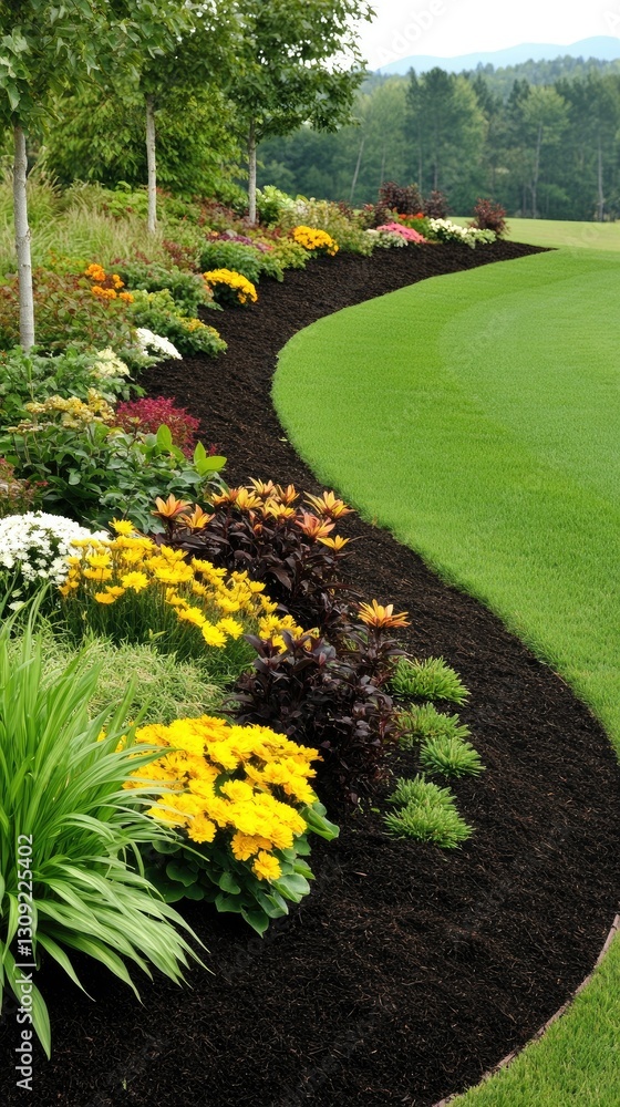 Obraz premium A vibrant and colorful flower garden beautifully borders a lush, green lawn, all set against a tranquil landscape under a bright, sunny sky
