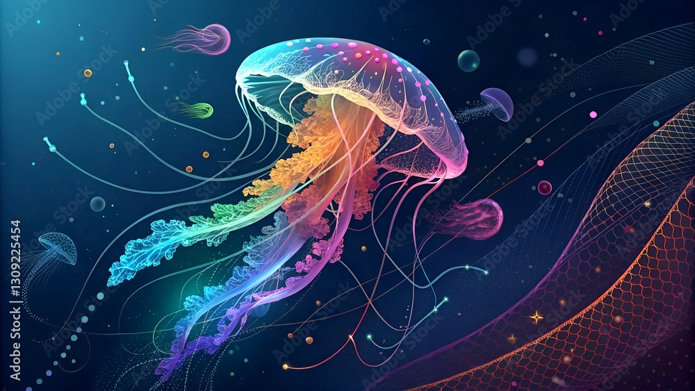 Fototapeta premium A glowing, multicolored jellyfish with flowing tentacles in a deep-sea fantasy setting. A surreal and artistic representation of marine life.