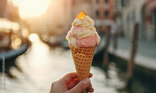 Indulge in a Delicious Ice Cream Cone at Sunset by the Water in Venice: A Perfect Summer Treat