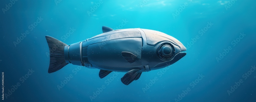 Fototapeta premium Ocean conservation pollution research concept. A robotic fish swims gracefully underwater, resembling a real fish while showcasing advanced technology in an oceanic environment.
