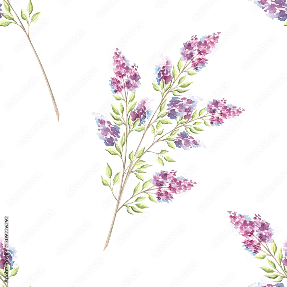 Naklejka premium Lilac flowers sprigs with leaves. Botanical seamless pattern. Hand drawn watercolor illustration isolated. Syringa blooming. Summer background. Floral purple print. Template for wallpaper, textile.
