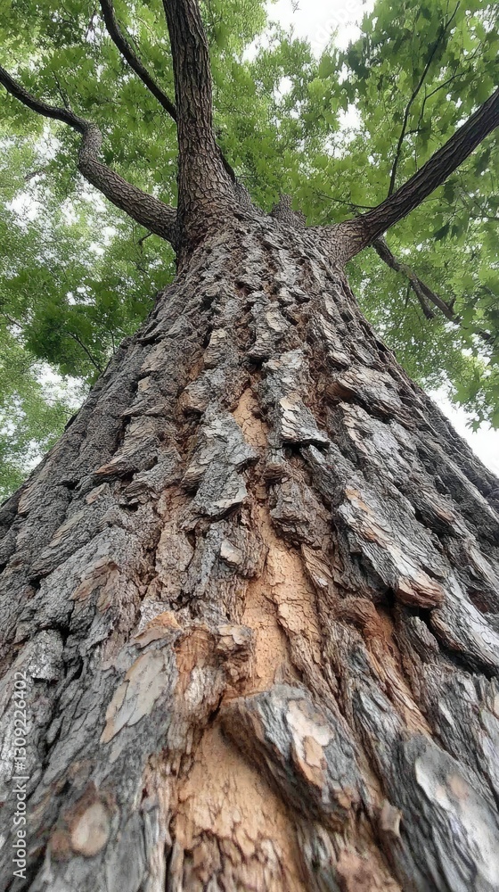 Tall tree trunk viewed from below, showcasing textured bark and lush greenery at the top on a cloudy day in a park Tall tree trunk viewed from below, showcasing textured bark and lush greenery at the top on a cloudy day in a park