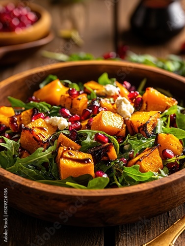 Vibrant salad featuring roasted butternut squash with pomegranate and feta for a colorful autumn feast. Generative AI