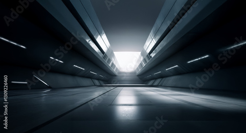 Sleek futuristic corridor with geometric shapes and illuminated end.  Dark tones and bright light create depth and modern, abstract atmosphere.