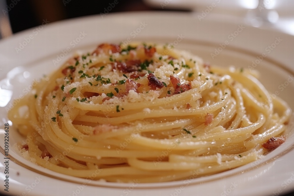 Close-up of spaghetti carbonara with cheese and bacon bits Close-up of spaghetti carbonara with cheese and bacon bits
