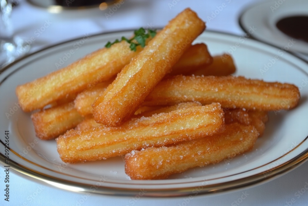 Golden crispy churros served on a plate with sugar coating Golden crispy churros served on a plate with sugar coating
