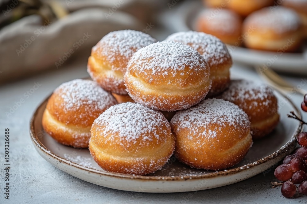 Freshly made doughnuts with golden crust and sugar dusting Freshly made doughnuts with golden crust and sugar dusting