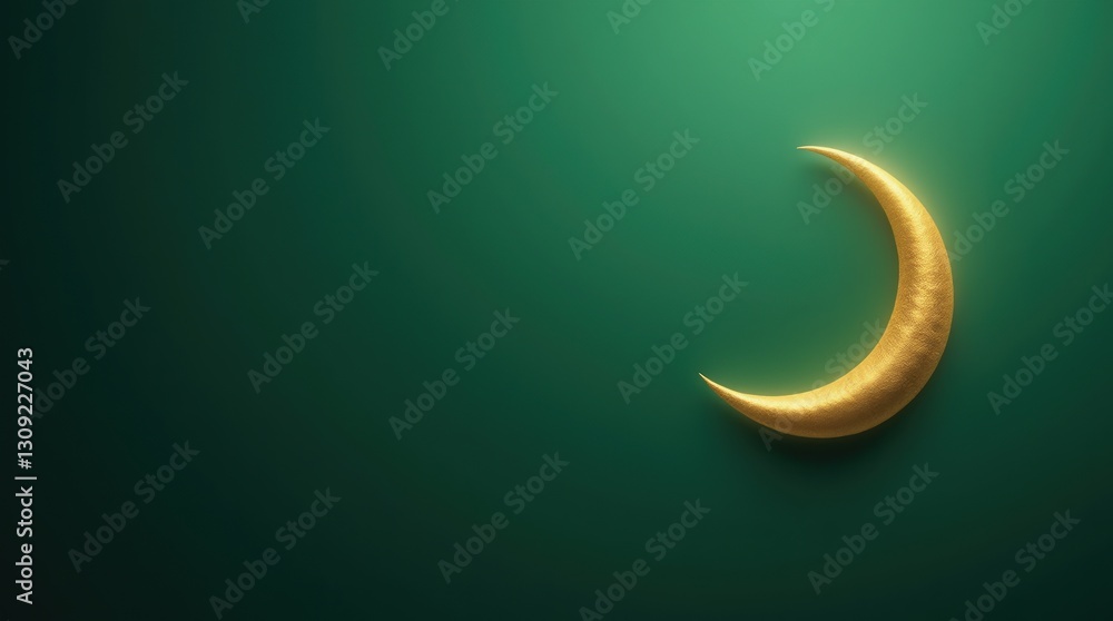 Obraz premium Ramadan Eid al-Fitr mockup, minimalistic golden crescent moon set against a rich emerald green gradient background