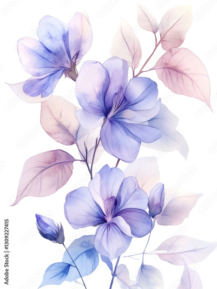 Delicate blue flowers and leaves creating a stunning watercolor bouquet Delicate blue flowers and leaves creating a stunning watercolor bouquet