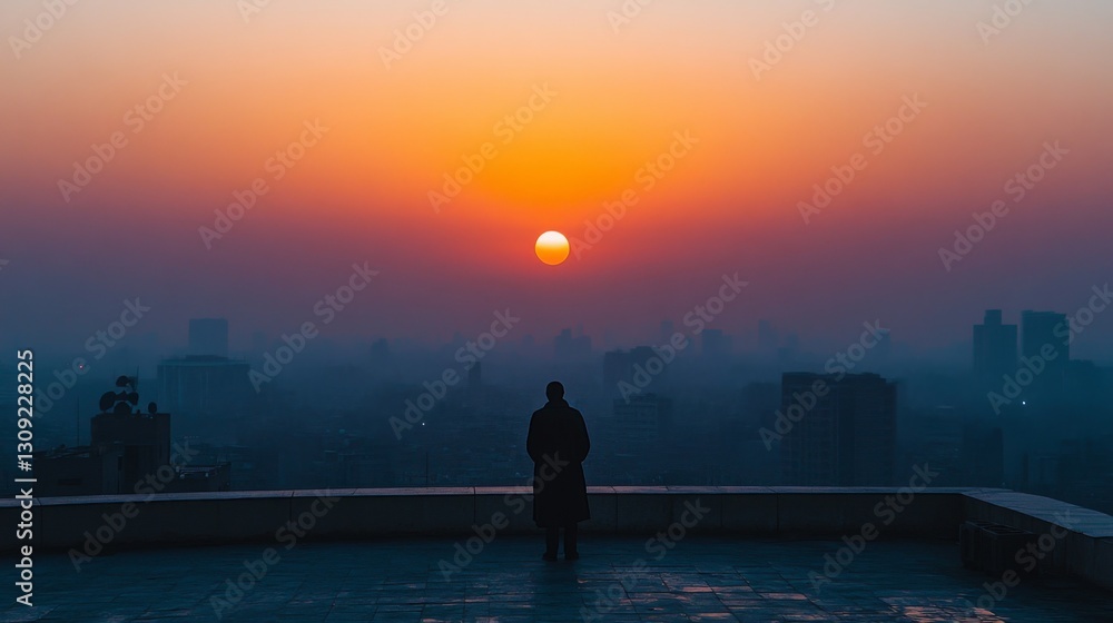 Fototapeta premium Silhouette of Person at Sunset Over Cityscape