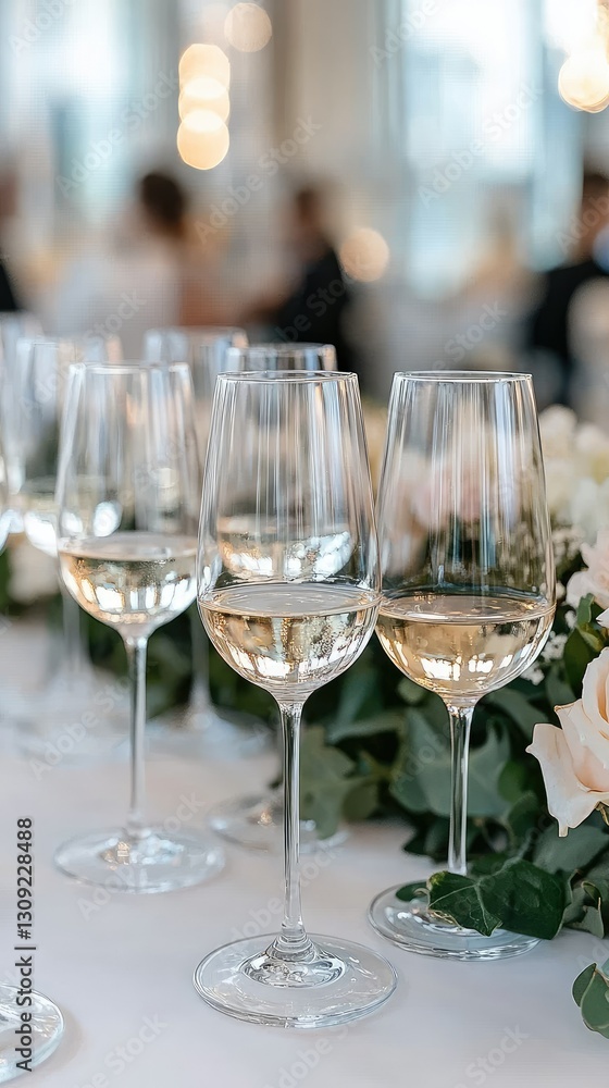 Elegant setting with wine glasses on a beautifully arranged table during a joyful celebration event in a bright venue Elegant setting with wine glasses on a beautifully arranged table during a joyful celebration event in a bright venue