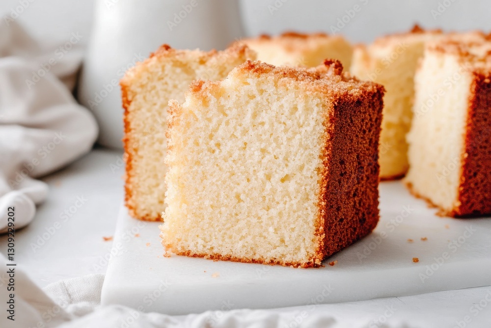 Freshly Baked Square Piece of Vanilla Cake on a Light Surface Freshly Baked Square Piece of Vanilla Cake on a Light Surface