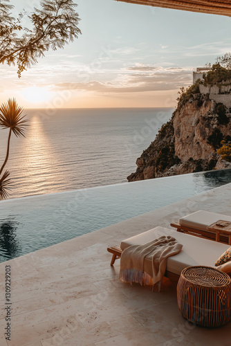 Luxurious infinity pool overlooking the ocean, modern boho patio with minimalist furniture, serene atmosphere, golden hour lighting, tropical vibes