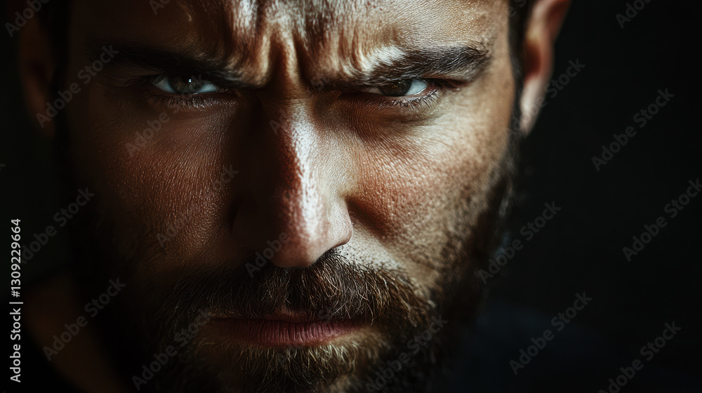 A high-quality artistic portrait of a bearded man with an intense expression, focusing on his expressive eyes and furrowed brow, extreme close-up shot with dramatic lighting A high-quality artistic portrait of a bearded man with an intense expression, focusing on his expressive eyes and furrowed brow, extreme close-up shot with dramatic lighting