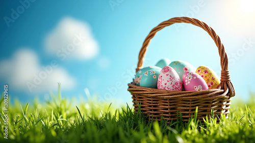 Vibrant Easter Eggs in Rustic Basket on Green Grass Under Blue Sky - Perfect for Holiday Marketing Campaigns