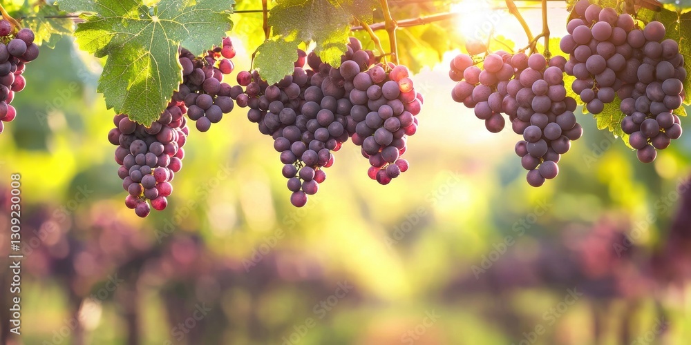 Fototapeta premium Floating fresh grapes on a blurred vineyard background